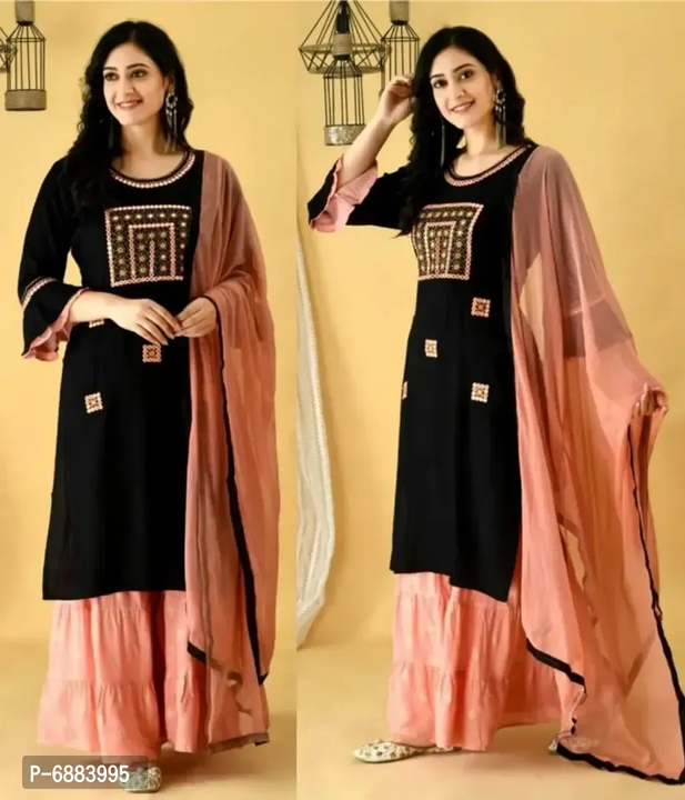 Post image Stunning Rayon Embroidered Mirror Work Kurta with Sharara And Dupatta Set For Women

Size: 
M
L

 Fabric:  Rayon

 Pack Of:  Single

 Type:  Kurta, Bottom and Dupatta Set

 Style:  Embroidered

 Sleeve Length:  3/4 Sleeve

 Occasion:  Casual

 Sleeve Style:  Bell Sleeve

Within 6-8 business days However, to find out an actual date of delivery, please enter your pin code.

Kurta Bottom and Dupatta Set || Kurta: Rayon Fabric with Embroidered Mirror Work || Bottom: Rayon Fabric with Printed Design || Dupatta: Chiffon Fabric || M (Bust 38.0 inches, Waist 36.0 inches), L (Bust 40.0 inches, Waist 38.0 inches), XL (Bust 42.0 inches, Waist 40.0 inches), 2XL (Bust 44.0 inches, Waist 42.0 inches) || Sharara - Size - Up To 28 Inches To 38 Inches(Free Size) || Length: Kurta - Up To 44 inches, Sharara- Up To 38 Inches, Dupatta- 2.25 Mtr