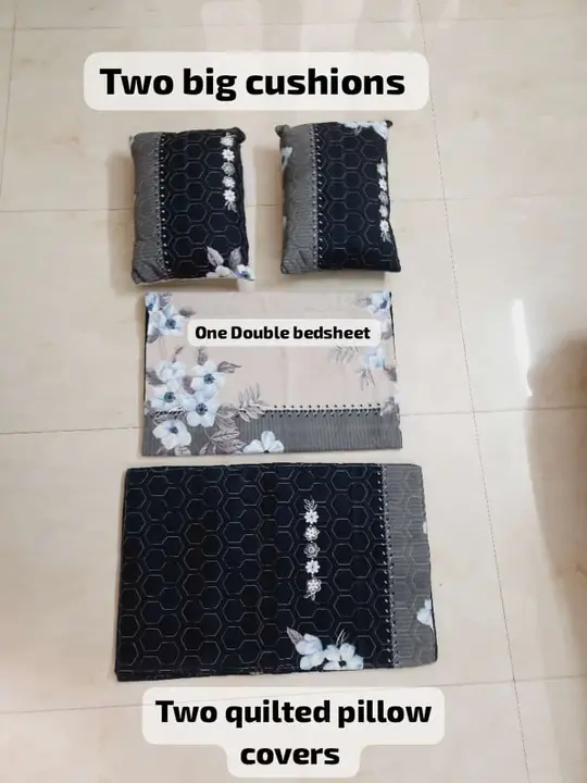 *Bedsheets sets 5pc*
*One double bedsheet*
*Two quilted pillow covers*
*Two quilted big cushions*
*B uploaded by Rajesh handloom outlet on 8/26/2023