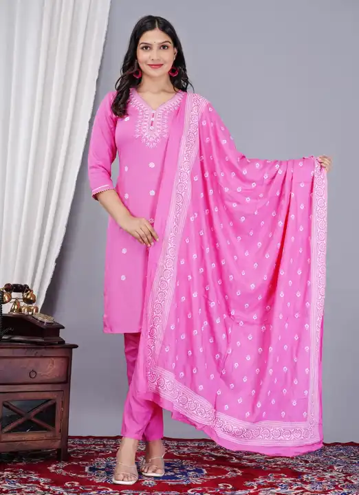 Pink Fully Embroidered Kurta Pant and Dupatta uploaded by business on 8/29/2023