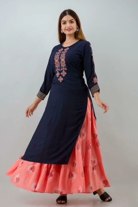 Post image Ladies embroidery kurti skirt set
Size: S,M,L,XL,XXL,3XL
Length: 44inch
Work: embroidery 
Bottom: skirt
Length: 39inch
Price:430+5%gst