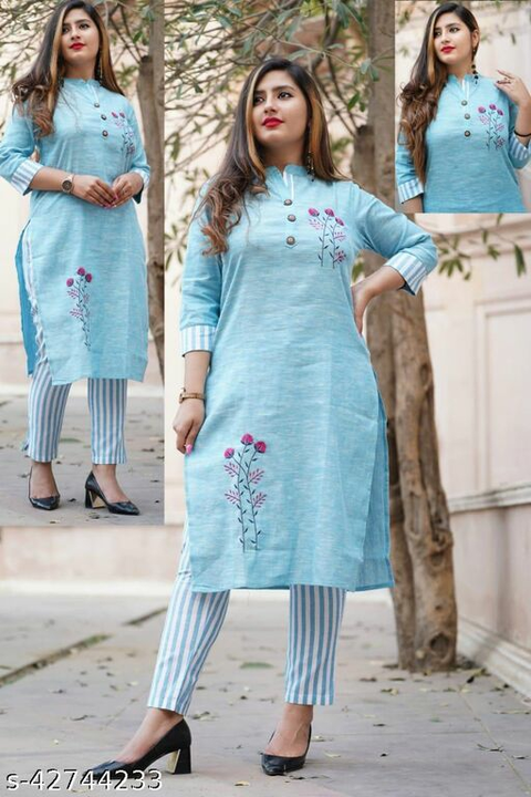 Fabric :- South Cotton 
Kurti with embroidery & fancy button & Stripes Pant
Size :-. M,L, XL , XXL
P uploaded by business on 9/1/2023