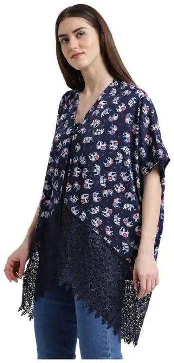 Navy Printed Lace Kimono Shrug uploaded by Uniasis Knack on 9/1/2023