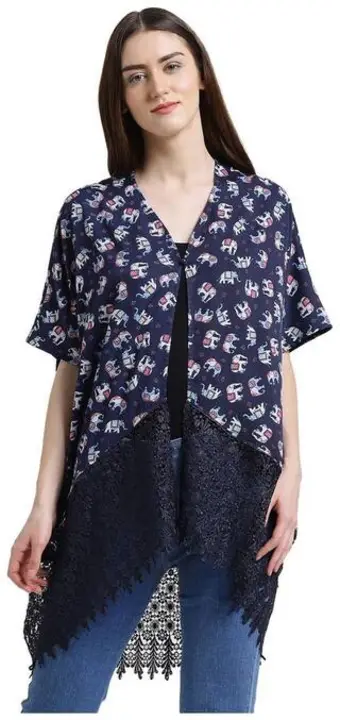 Navy Printed Lace Kimono Shrug uploaded by Uniasis Knack on 9/1/2023