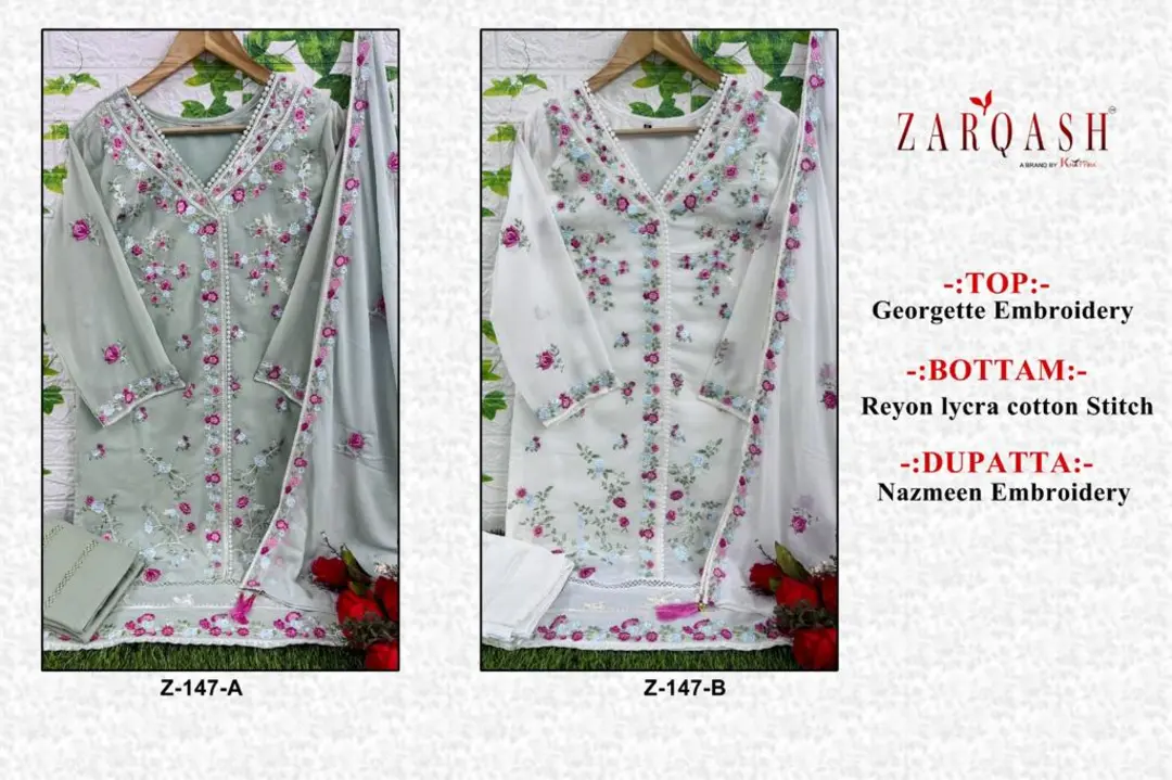 *ZARQASH READYMADE Collection*

*D.no :- Z 147 ( 2 colour )*

*Fabric Details*

*Top :- Fox Georgett uploaded by business on 9/2/2023