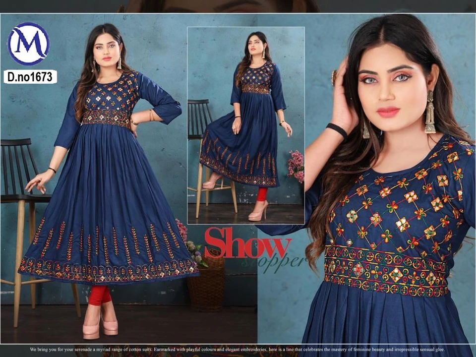 Long ghera embroidery work kurti xl uploaded by M creation on 9/3/2023