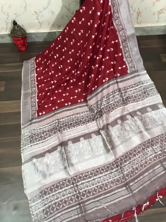 SAREES:-LINEN WITH SILVER JARI BORDER.

*WORK* - DIGITAL PRINT. uploaded by business on 9/5/2023