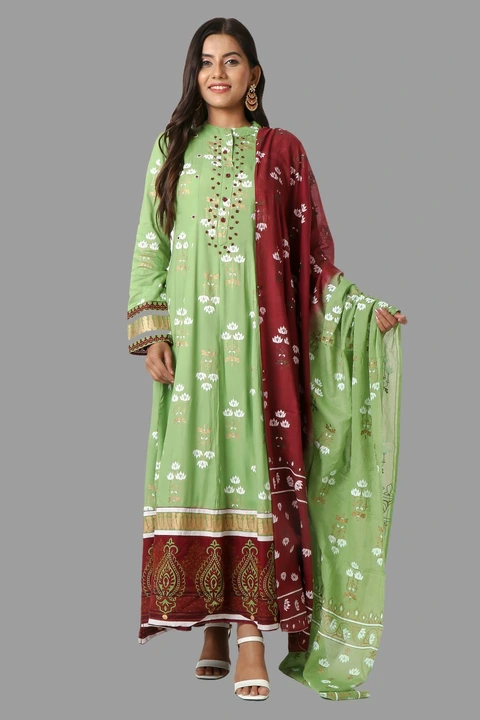 Premium quality Rayon slub full flare full length printed gown with adda work… full sized printed du uploaded by business on 9/5/2023