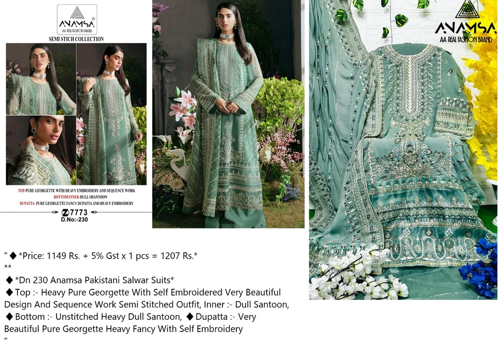Dn 230 Anamsa Pakistani Salwar Suits uploaded by business on 9/6/2023