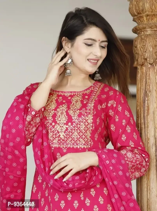 Women Pink Anarkali Gold Embroidery Kurti with Lace Work with Pant and Dupatta Sets || Pink Anarkali uploaded by business on 9/6/2023