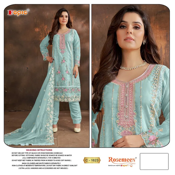 _*BRAND NAME*_:- FEPIC
_*CATALOUGE NAME*_:- ROSEMEEN

_*D NO*_:- C 1623

_*Top*_:- ORGANZA EMBROI uploaded by Ayush fashion on 9/6/2023
