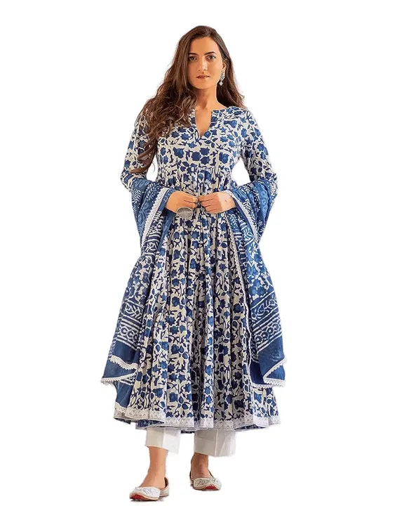MEERA FAB Women's Cotton Printed Anarkali Kurta With Palazzo & Dupatta Set uploaded by business on 9/6/2023