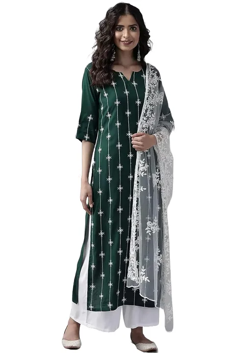
GoSriKi Women's Cotton Blend Embroidered Straight Kurta with Pant & Dupatta (Twister-GO) uploaded by business on 9/6/2023