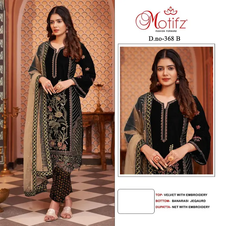 *Design no-368 ABC*

Fabric:
Top:  velvet with embroidery 

Bottam:- banarasi jaquard
             
 uploaded by Ayush fashion on 9/6/2023