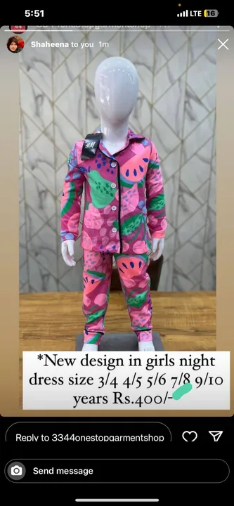 *New design in girls night dress size 3/4 4/5 5/6 7/8 9/10 years Rs.250/-* uploaded by Brand100 on 9/6/2023