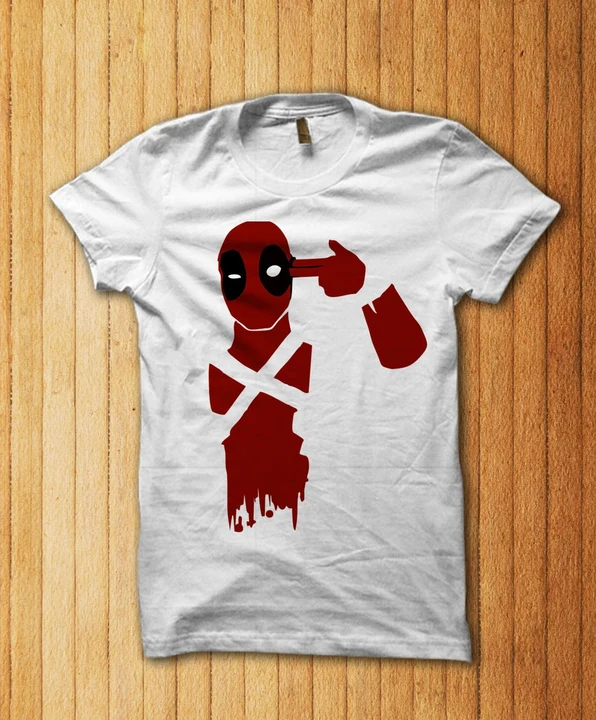 Stylish white half sleeve t-shirt with Deadpool print and hot button round neck design uploaded by business on 9/8/2023
