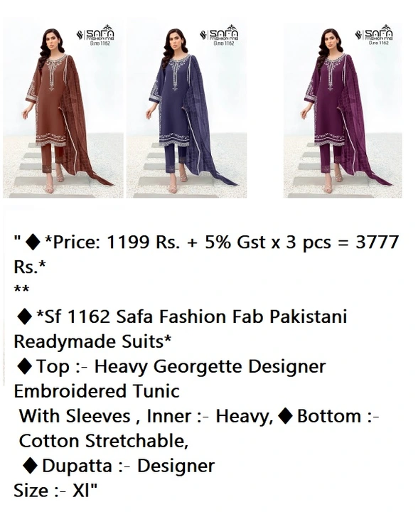 Sf 1162 Safa Fashion Fab Pakistani Readymade Suits uploaded by business on 9/8/2023