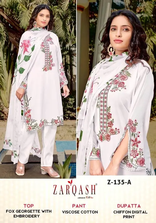 *ZARQASH READYMADE Collection*

*D.no :- 135*

*Top :-  Fox georget wth santoon inner*

 *Bottom* :- uploaded by business on 9/8/2023