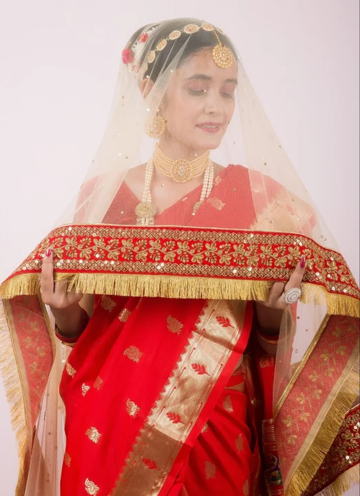 Red And Cream Bridal Wedding Net Dupatta  uploaded by DRJ Sarees on 9/8/2023