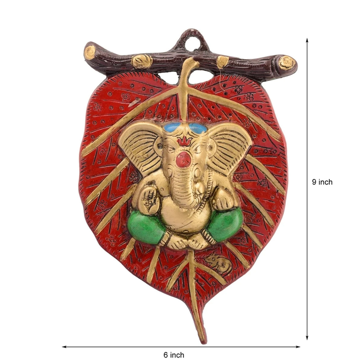 ❤️Golden Metal Lord Ganesha in Green Dhoti on Red Leaf Wall Hanging uploaded by business on 9/9/2023