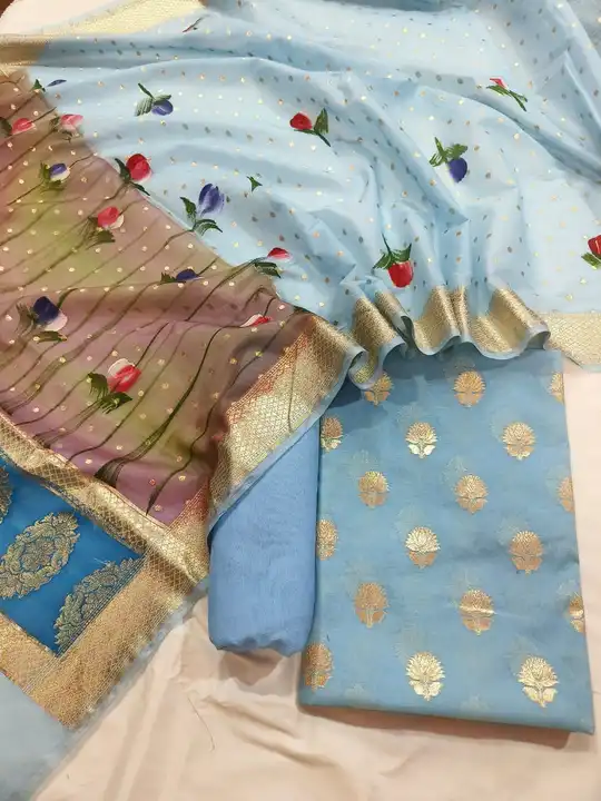 Post image Presenting Banarasi Mercerised Silk Suits with Digital Print Dupatta
Available in four different Colours
.
Only @1,999/-
.
For order &amp; enquiry-
Please Call or WhatsApp on - 8874828204