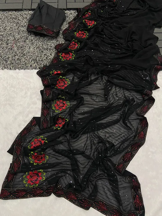NEW LAUNCHING

*BLACK 🌈  RAINBOW❤️*

*MAGIC BLOOMING GEORGETTE  BLACK SEQUENCE SAREE WITH DESIGNER  uploaded by business on 9/9/2023