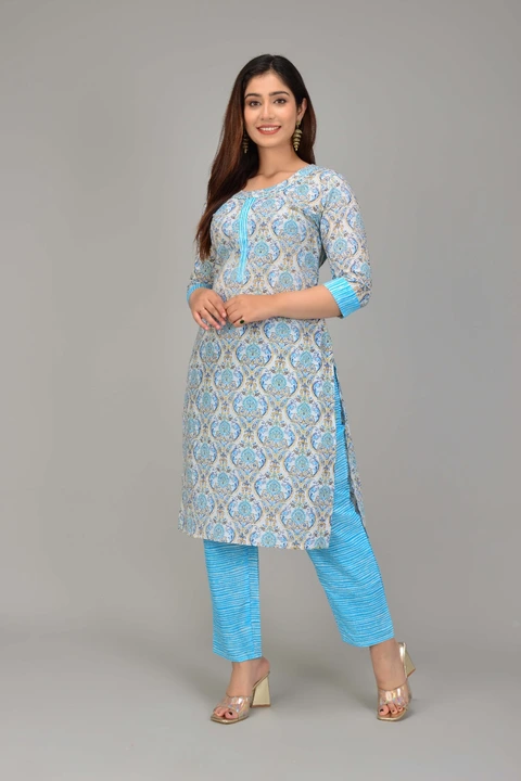 Cotton 60*60 ladies kurti pant set
Size: L,XL,XXL,3XL 
Length: 45inch
Fabric: cotton 60*60
Sleeves:  uploaded by Ganpati handicrafts limited on 9/9/2023