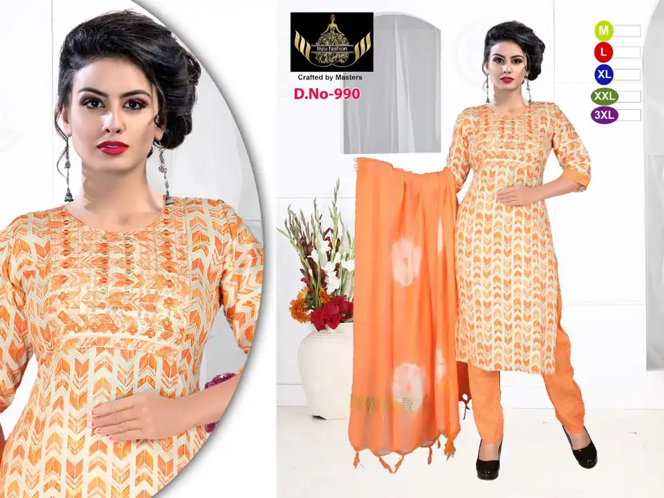 Kurti pant dupatta set 3 piece/size m to xxl capsule kapra only holl sell  uploaded by business on 9/12/2023