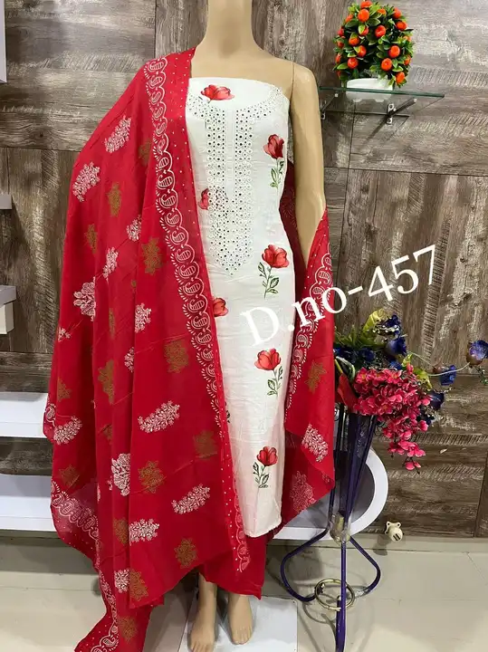 Red and White Cotton Suit Material Pure uploaded by Zuberiya Global on 9/12/2023
