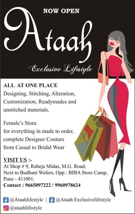 Post image Customize Creation That Theorize You 

Designing, Stitching, Alterations, Customization, Readymades, Unstitched Dress Material and many more at one Place.

ATAAH EXCLUSIVE LIFESTYLE
RAHEJA MIDAS SHOP # 9
MG ROAD
PUNE 13
MAHARASHTRA 

PLEASE VISIT OUR STORE