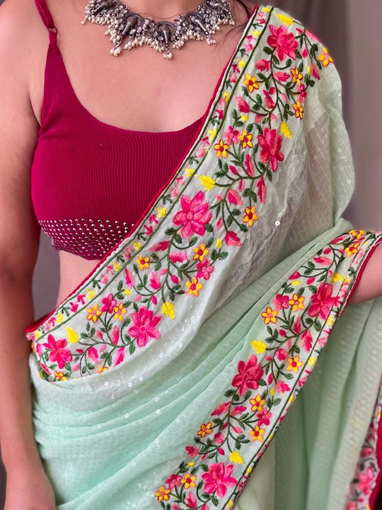FRESH ARRIVAL in ready to wear❤️  Pure georgate saree with all over sequence work and beautiful work uploaded by Marwadi Businessmen on 9/15/2023