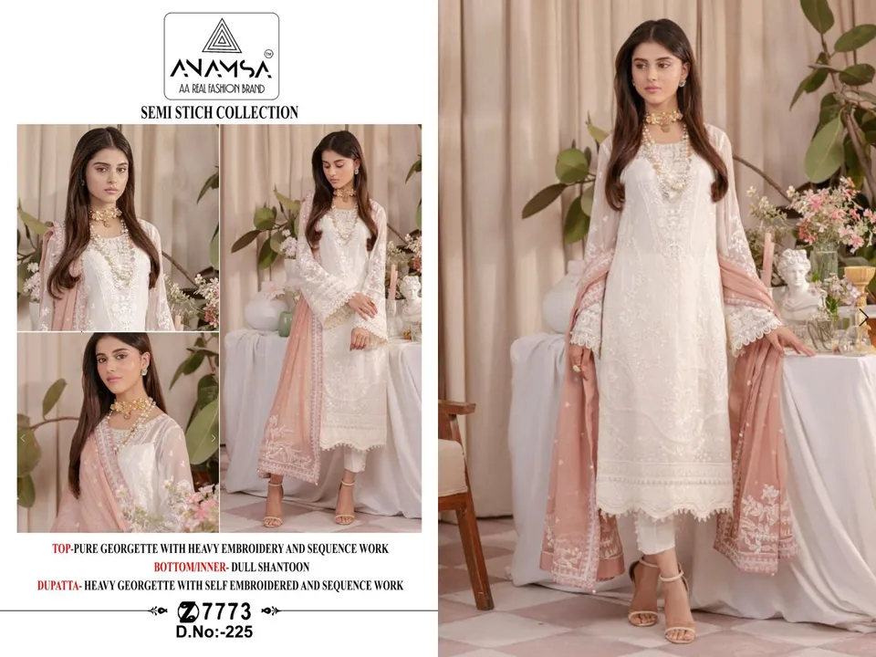 Post image 🥰ANAMSA®️ 7773
 -NEW LAUNCHING ❤️  

👚 Semi Stitched

 😍D.NO.-225


🤩  Heavy Pure Georgette With Self Embroidered Very Beautiful Design And Sequence Work

☁️White Shade Semi Stitched Outfit

👖Unstitched Heavy Dull Shantoon Bottom

🧣 Very Beautiful Pure Georgette Fancy Dupatta With Sequence Work

👘 Inner- Dull Shantoon 

🤑*Rate - 1150/-*

*Dispatch Ready*

Regards - Anamsa Group