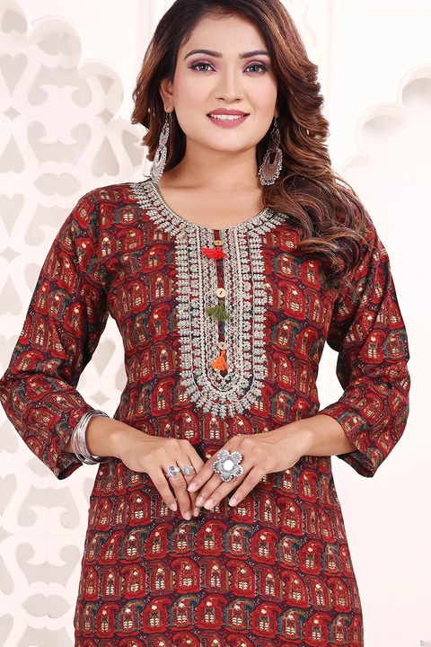 Stret kurtis_ Exclusive Designer Kurtis in REON14kg with embroidery Dori work  uploaded by business on 9/19/2023