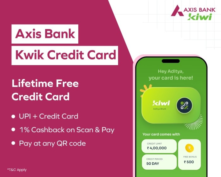 Post image Looking for a credit card that works everywhere?
 Well, guess what! Now you can make UPI payments with your credit card on the Axis Bank Kwik app
You will get:
 ✅ Lifetime Free Credit Card
 ✅ UPI + Credit Card
 ✅ 1% Cashback on Scan &amp; Pay
 ✅ Pay at any QR code
Why you should apply from here:
✔️ Simple and convenient
 ✔️ Fast and secure
Apply now to get Lifetime Free Axis Bank kwik Credit Card - https://wee.bnking.in/c/YjFmMzk5