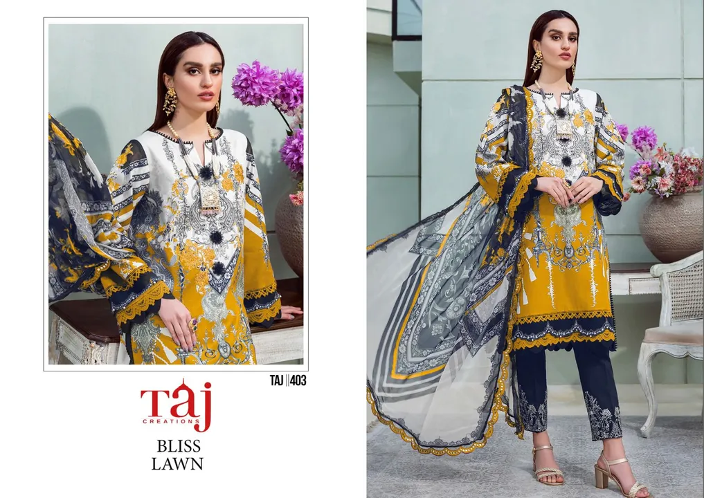 Bliss lawn  by Taj Creations*
Design no.: Taj 402 & 403

Top: Pure Cotton Print with heavy embroider uploaded by business on 9/19/2023