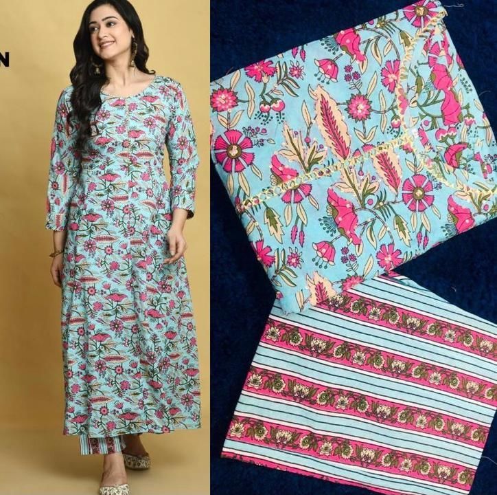 Post image *.           ROSEATE COLLECTION*
              **.           2135*
*.Cotton Kurti Gown Pant Plazzo*
                 
Fabric Description 
*Kurti* Beautiful  Cotton Fabric Anarkali  kurti Having Beautiful Print And Highlighted With Beautiful Handwork Work On Neckline
*Length* :50"inchs 
*Size* : 40-42-44"inchs 

** Stiched Cotton fabric Plazzo Pant highlighted with  Beautiful print *
*Length*:40


*Rate :999/-*
(Ship Extra)

         **   READY TO DISPATCH **