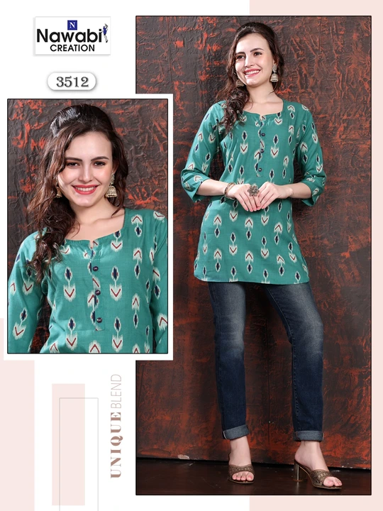D.no:3512 ( Only Kurti )

Style: Short Kurti 

Fabric: Rayon Two Toan

Size: L

Length:30

Set: Four uploaded by NAWABI CREATION on 9/21/2023