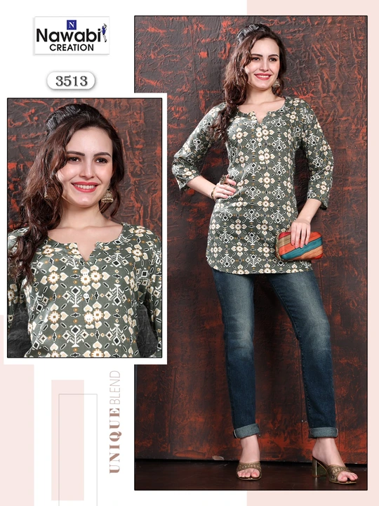 D.no:3514 ( Only Kurti )

Style: Short Kurti 

Fabric: Rayon Two Toan

Size: L

Length:30

Set: Four uploaded by NAWABI CREATION on 9/21/2023