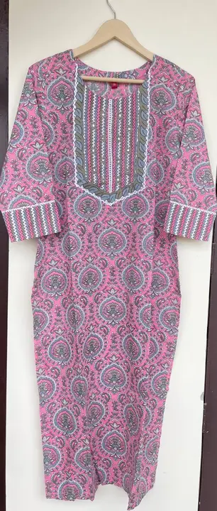 Post image 🌼premium quality cotton kurti with beautiful mirror work on neck with connecting lace🌼 

~price -595/- only(free shipping) 
~sizes available-M to XXL
~Lenght - 44"
COD Available