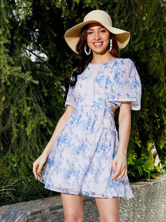 Women Blue Floral Waist Cut Out Skater Dress uploaded by business on 9/21/2023