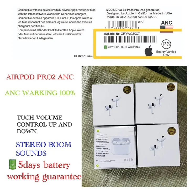 *AIRPOD PRO2 ANC GENERATION-2*

*ANC WORKING 100%*
*Tuch volume control* 

*Original A Quality* 
 uploaded by business on 9/22/2023