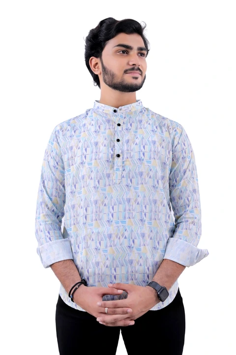 Post image Enhance your look by wearing this Stylish Men's printed short kurta from Kairya in this amazing design at a Festive event. it has a long sleeves, curved hem, Tailored in Regular Fit, and is crafted from blended cotton fabric.