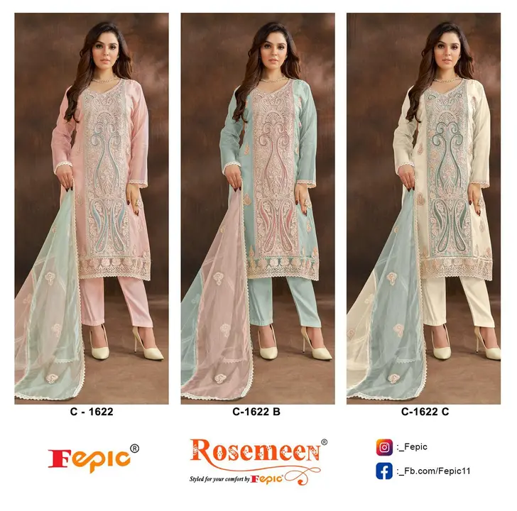 _*BRAND NAME*_:- FEPIC
_*CATALOUGE NAME*_:- ROSEMEEN

_*D NO*_:- C 1622

_*Top*_:-  ORGANZA EMBRO uploaded by Ayush fashion on 9/23/2023