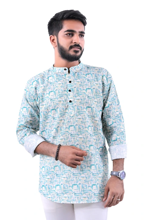 Post image Enhance your look by wearing this Stylish Men's printed short kurta from Kairya in this amazing design at a Festive event. it has a long sleeves, curved hem, Tailored in Regular Fit, and is crafted from blended cotton fabric.