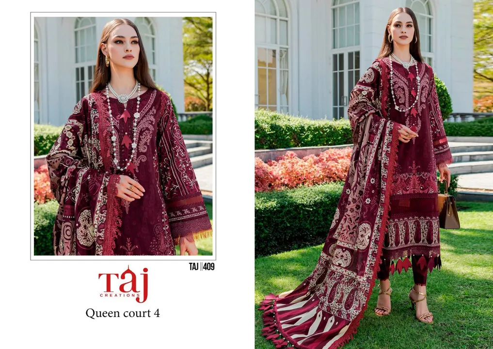 Queen court-4 by Taj Creations*
Design no.: Taj 409

Top: Pure Cotton Print with heavy embroidery

 uploaded by Ayush fashion on 9/23/2023
