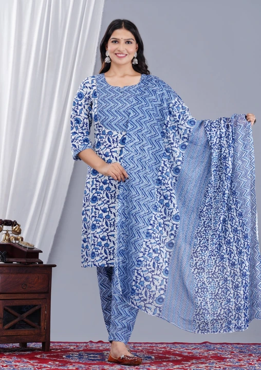 Jaipuri print cotton fabric kurta pant dupatta set  uploaded by Kabir Fashion World on 9/23/2023