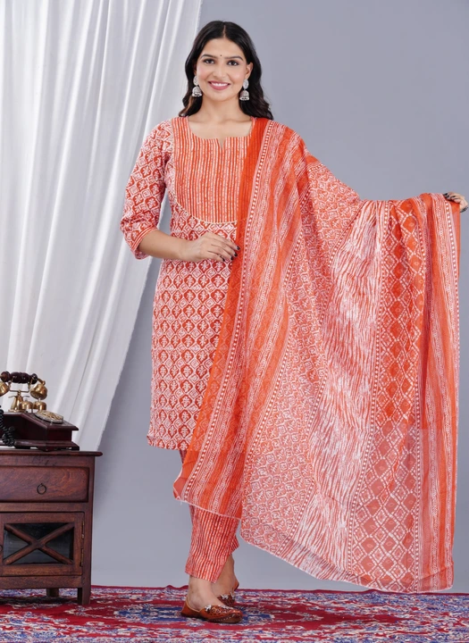Jaipuri print cotton fabric kurta pant dupatta set  uploaded by business on 9/23/2023