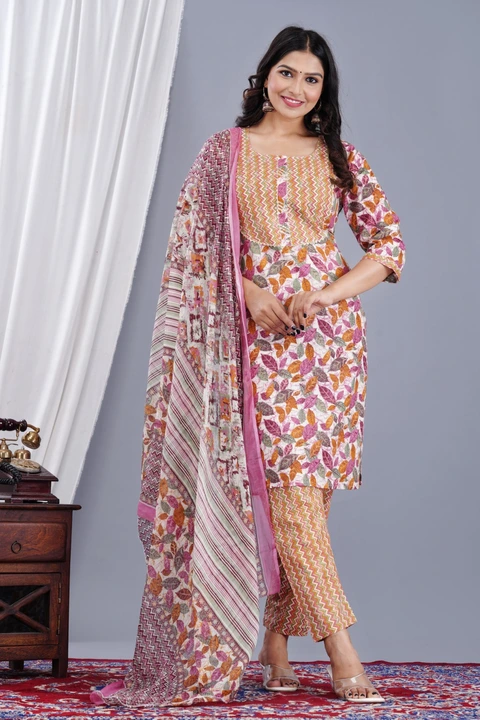 Jaipuri print cotton fabric kurta pant dupatta set  uploaded by Kabir Fashion World on 9/23/2023