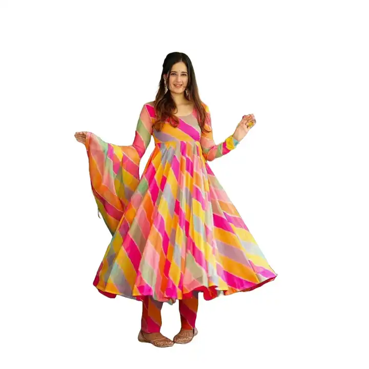 Trendy Leheriya orgenza gown with pant And duppata uploaded by business on 9/23/2023