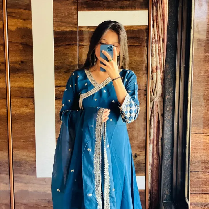 Blue Angrkha embroidery  ♥️🧿

This beautiful Georgette Suit has Yok  with sequence  Emb   😍😍 the  uploaded by Villa outfit on 9/26/2023