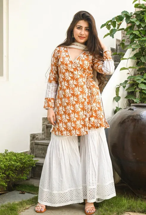 Anrakha pattern kurti with lace and tassel details 

Cotton shifley sharara uploaded by Craftart creations on 9/26/2023